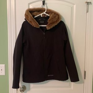 Marmot soft shell jacket. Faux fur lined hood. Black. Womens Large.